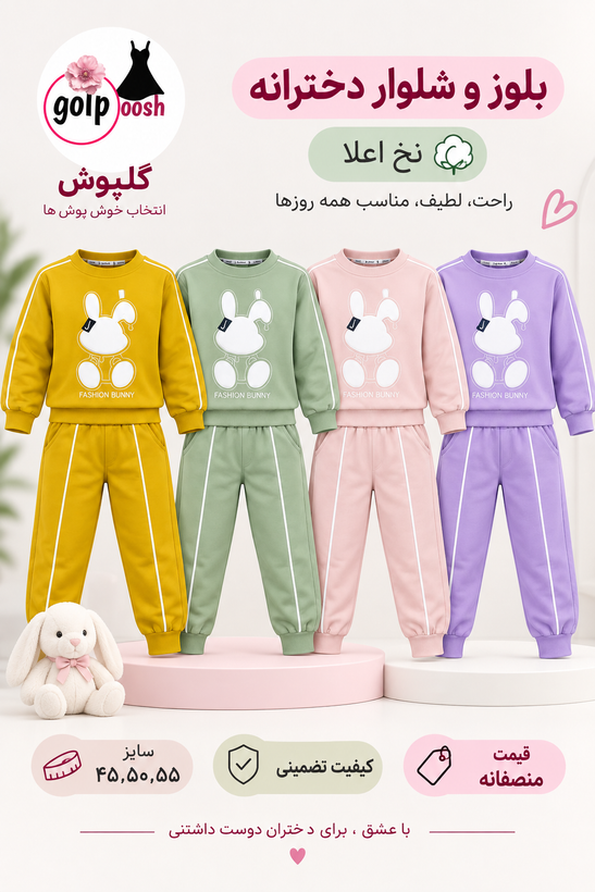 ست بلوز و شلوار دخترانه خرگوش سایز ۴۵/۵۰/۵۵ از جنس دورس سه نخ اعلا درجه یک قیمت منصفانه